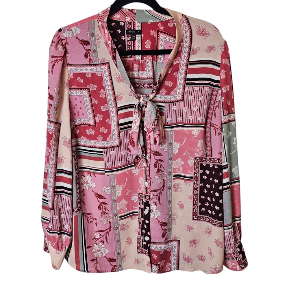 Talbots XLP Pink Patchwork Floral Blouse Tie Neck Long Sleeve Top Career Boho